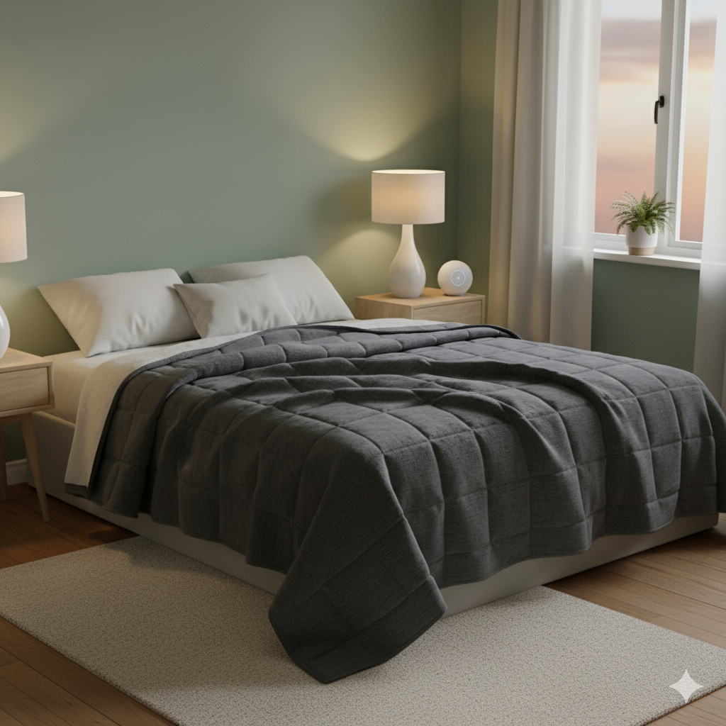 Bedroom with weighted blanket on bed and soft lighting, with white noise machine on nightstand