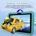 A 3D Android mascot in a suit riding a yellow taxi, appearing to "pop out" of the tablet screen.