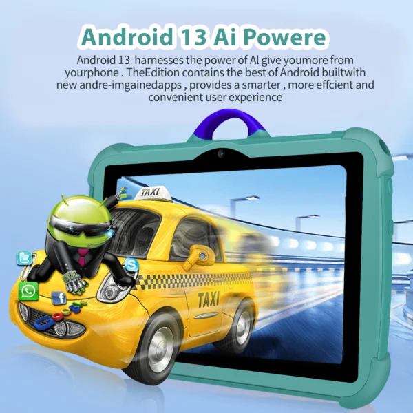 A 3D Android mascot in a suit riding a yellow taxi, appearing to "pop out" of the tablet screen.