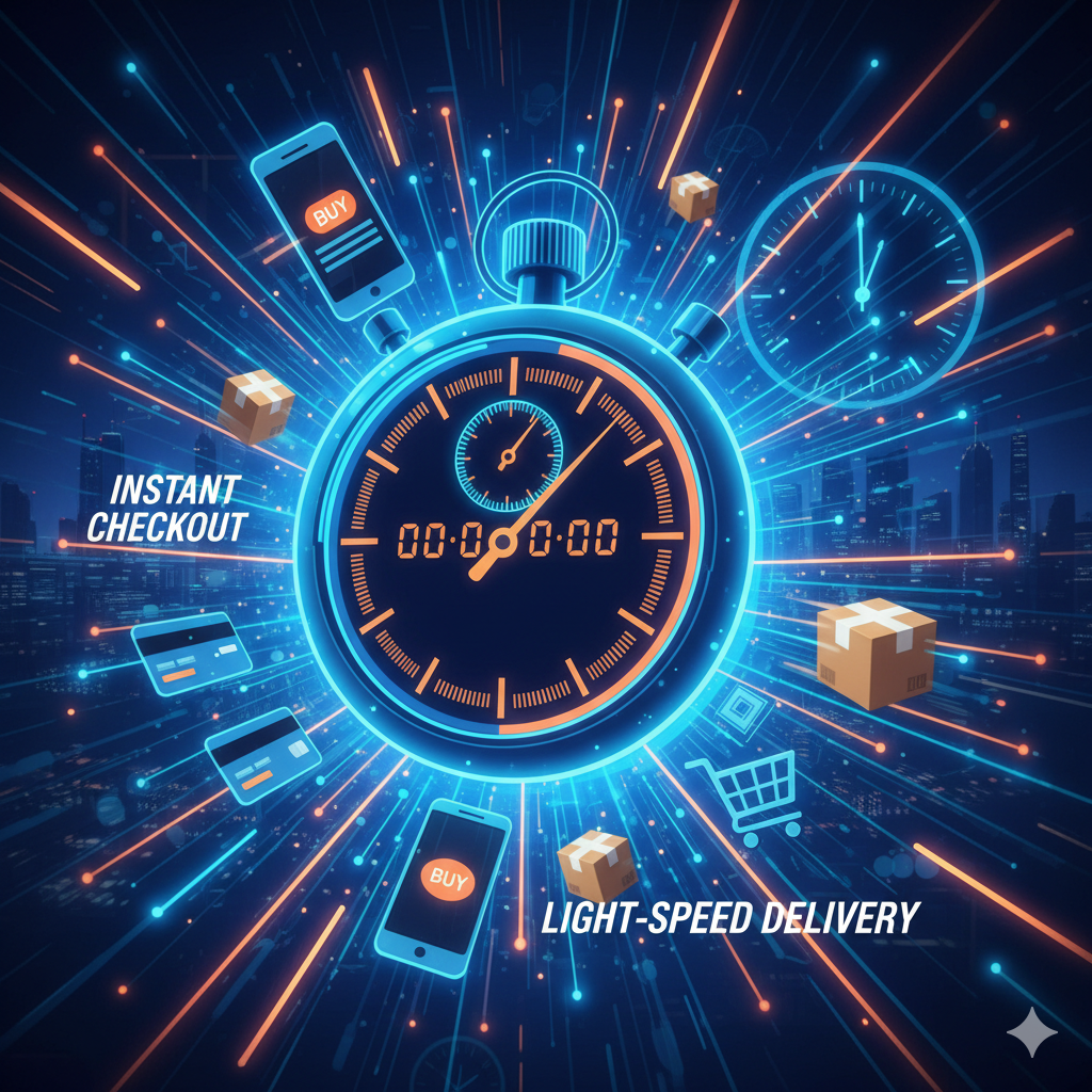 Digital stopwatch with online shopping icons, symbolizing fast delivery and instant checkout.
