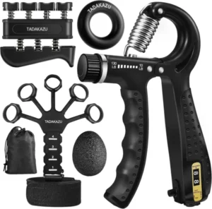 4-in-1 grip trainer kit with adjustable hand gripper, finger exerciser, stress ball and forearm ring