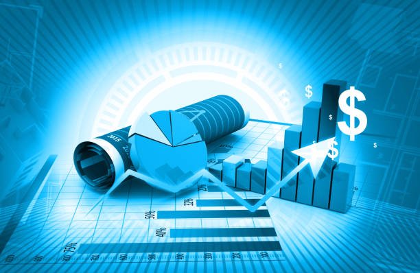 Financial data visuals: blue bar graph, pie chart, document, dollar sign, and growth arrow on a futuristic background.
