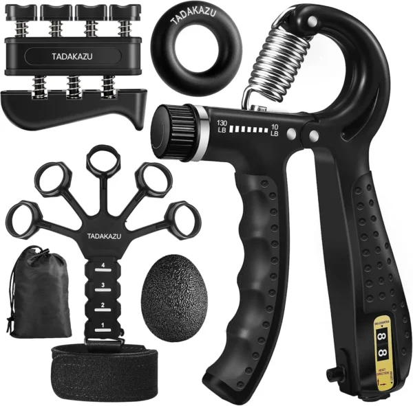 4-in-1 grip trainer kit with adjustable hand gripper, finger exerciser, stress ball and forearm ring