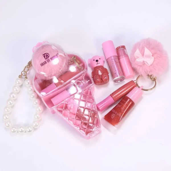 Ice Cream Bear Lip Gloss Set | Waterproof Keychain Lip Makeup Cute ice cream bear lip gloss set with keychain for girls makeup