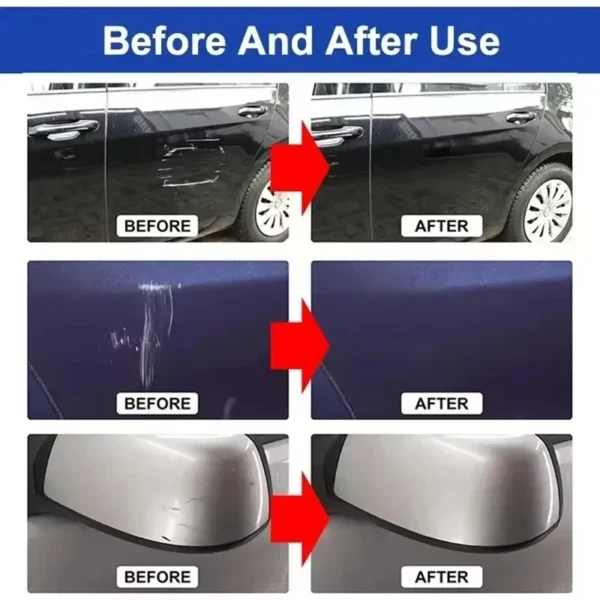Infographic showing three before and after comparisons of car scratch removal on various automotive surfaces.
