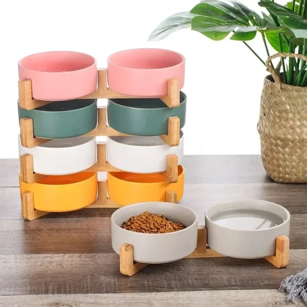 Ceramic Pet Bowl with Stand | Double Feeder No Spill Ceramic double bowl pet feeder with wooden stand for small dogs and cats