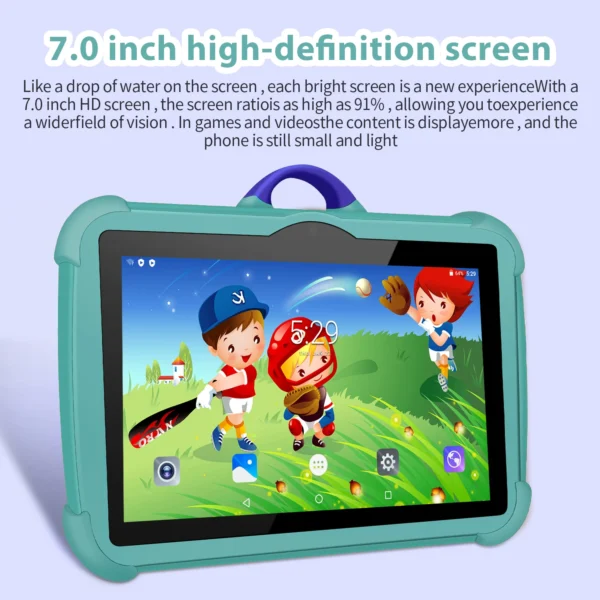The tablet displaying a colorful cartoon of children playing baseball.