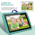 The tablet displaying a photo of two children lying in the grass, mirrored by a "framed" version of the photo above it.