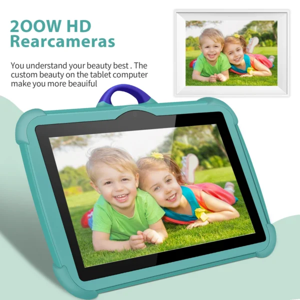 The tablet displaying a photo of two children lying in the grass, mirrored by a "framed" version of the photo above it.