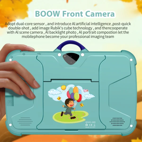 A close-up of the back of the teal tablet being held by a hand, focusing on the camera module and ports.