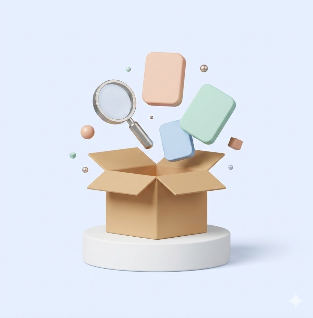 3D Unboxing and Discovery Concept Illustration