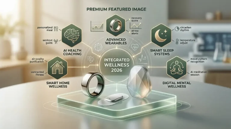 Infographic showing 2026 wellness trends: AI health coaching, smart wearables, sleep systems, and digital mental health on a glass display.