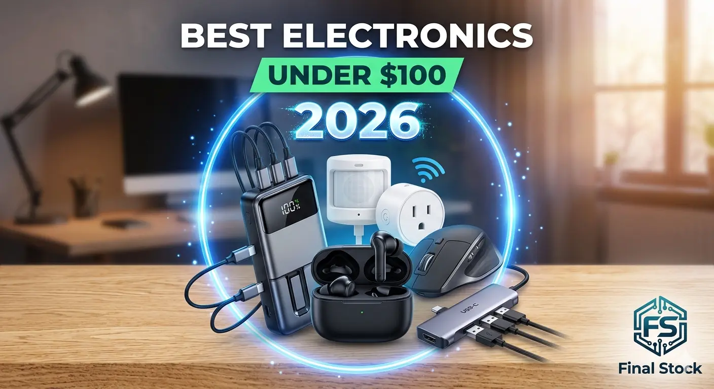 A collage of 4–5 gadgets (power bank, earbuds, smart plug, mouse) with "$100" overlay and "Final Stock 2026" logo.